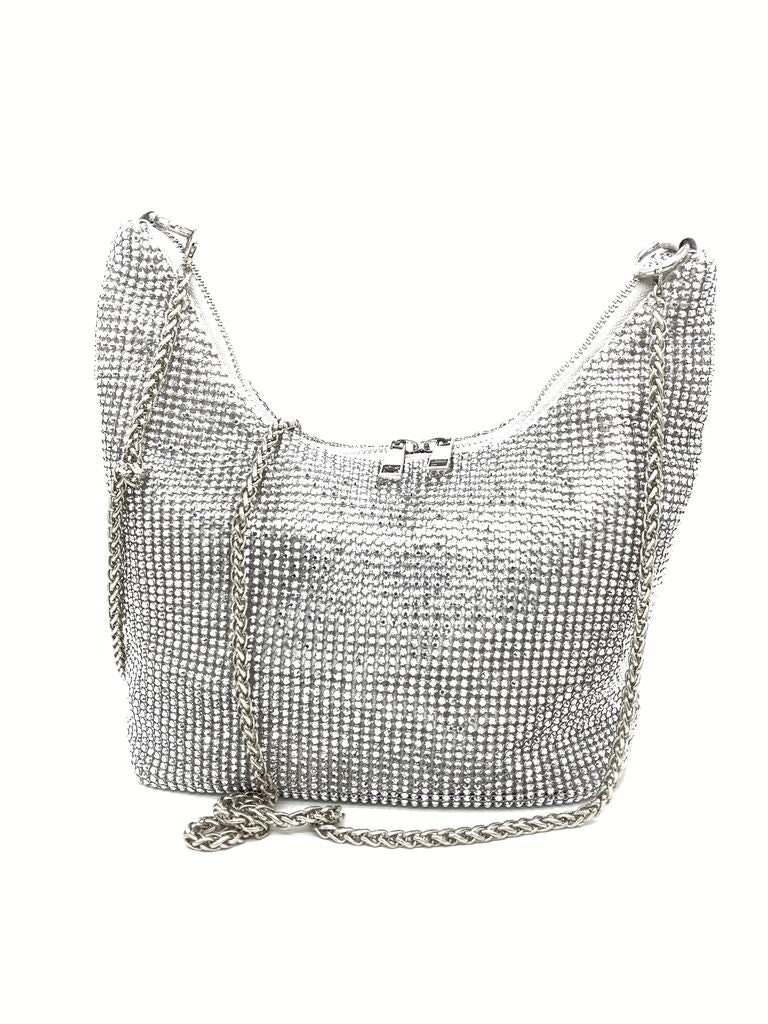 Silver Beaded Shoulder Bag with Chain Strap