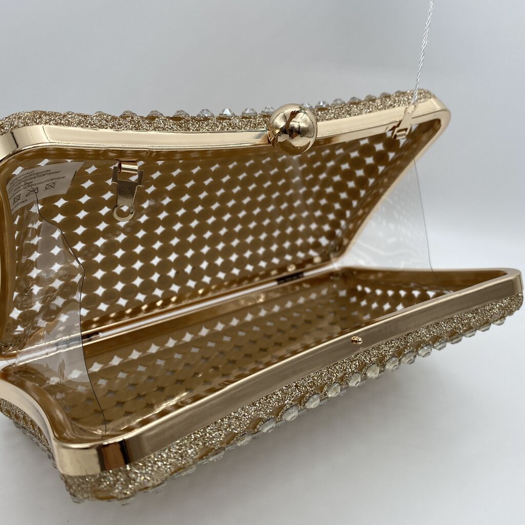 Gold Beaded Clutch with Rhinestone Detailing