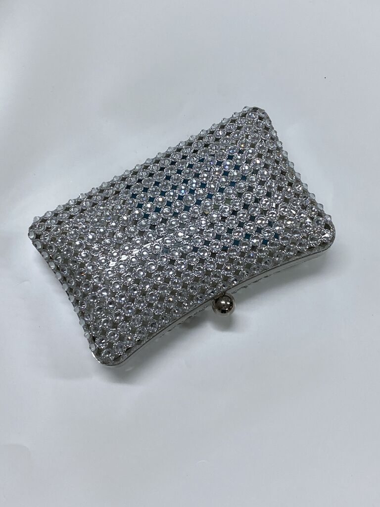 Silver Crystal Embellished Clutch with Ball Closure