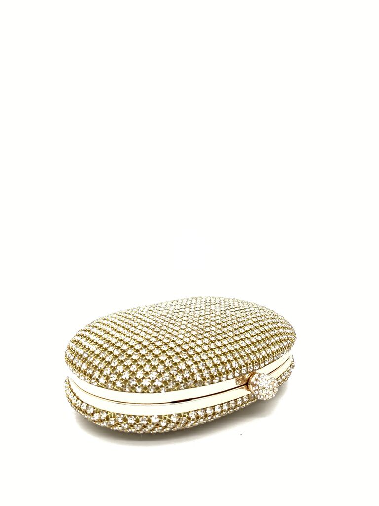 Gold Crystal-Embellished Evening Clutch with Clasp