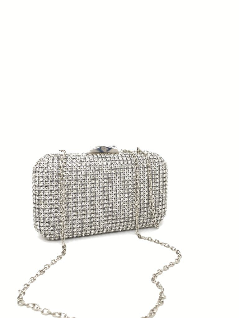 Silver Embellished Clutch with Rhinestone Detail
