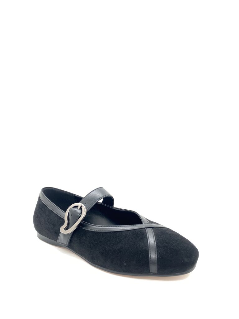 Black Suede Mary Jane Flats with Buckle Detail