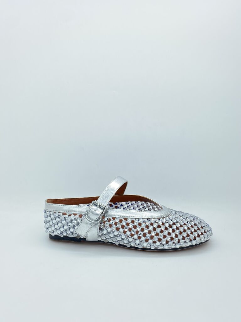 Silver Mesh Mary Jane Ballet Flats with Buckle