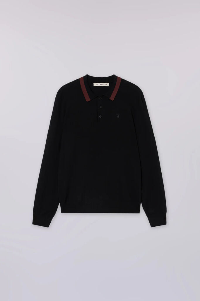 Black Long Sleeve Knit Polo with Contrast Collar