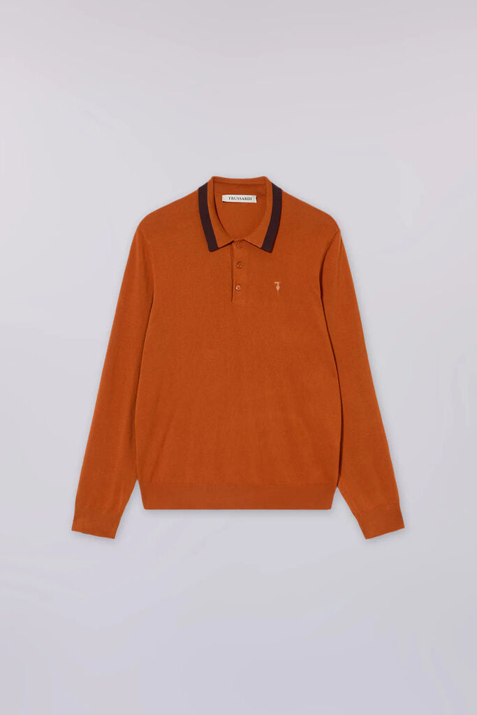 Rust Knit Long-Sleeve Polo with Contrast Collar