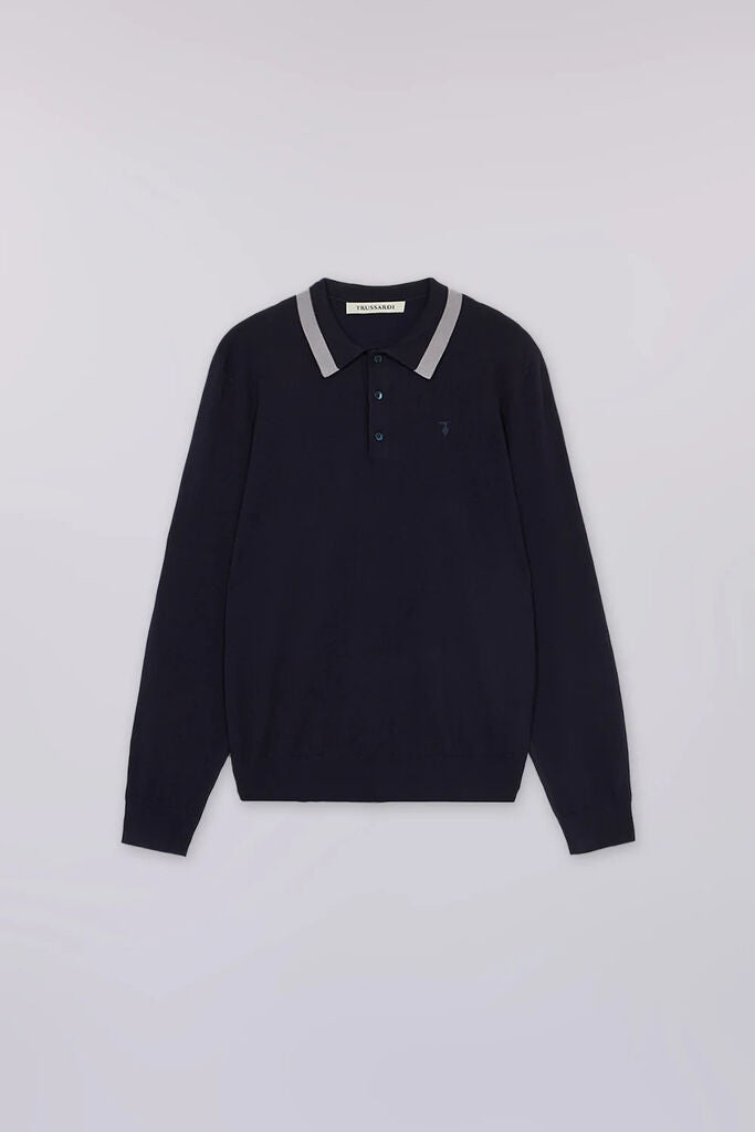 Navy Knit Long Sleeve Polo with Contrast Collar