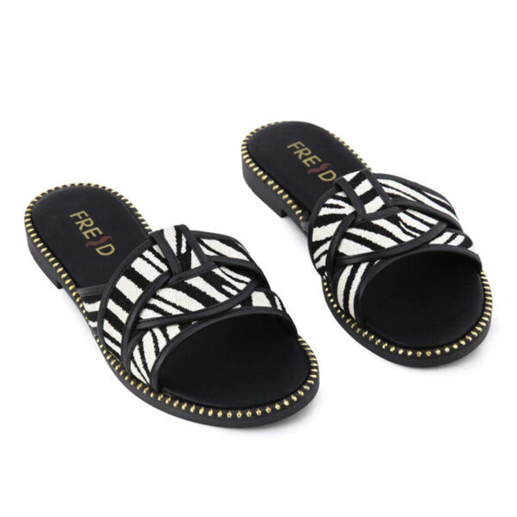 Black Zebra Pattern Slide Sandals with Studded Detail