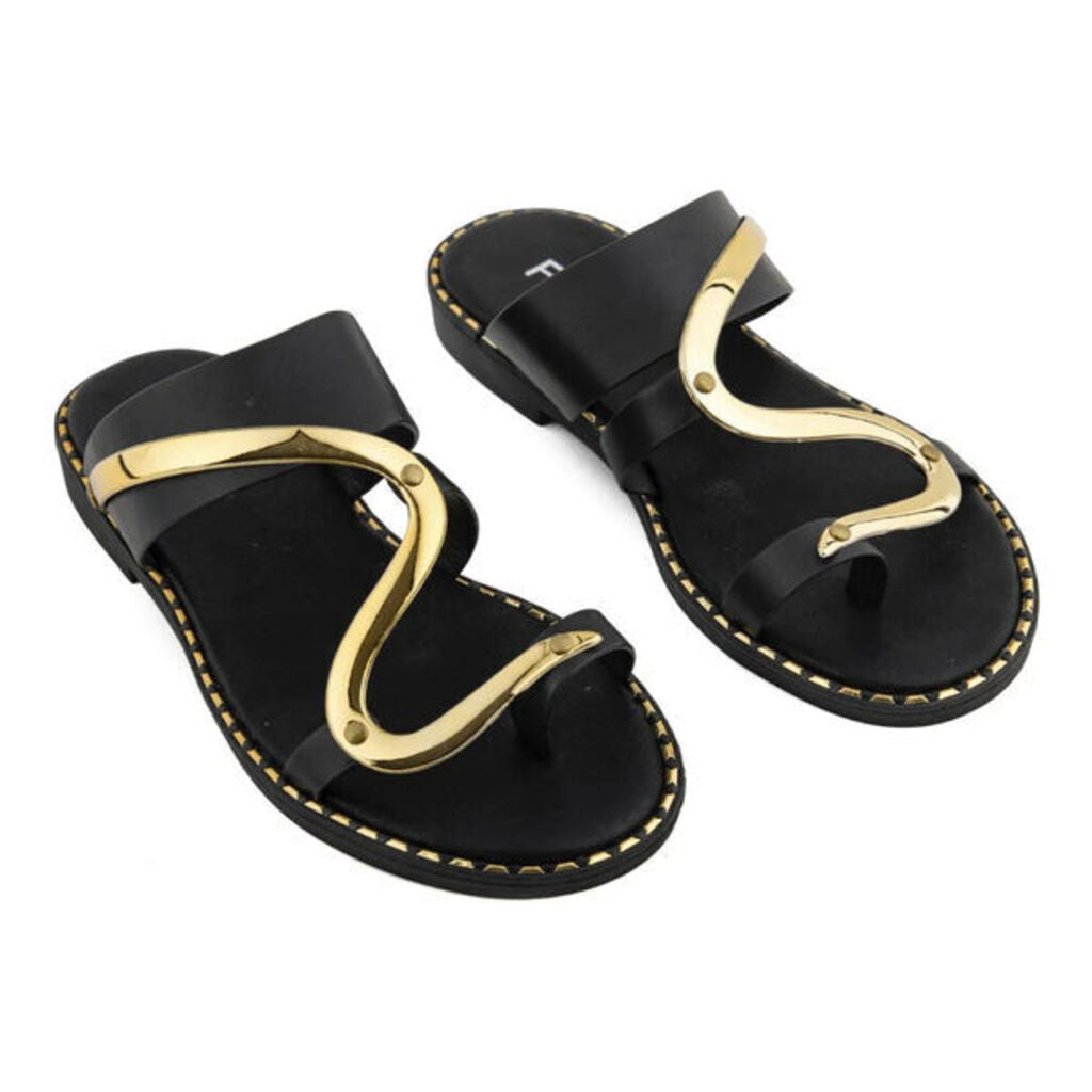 Black Sandals with Gold Accents and Curved Straps