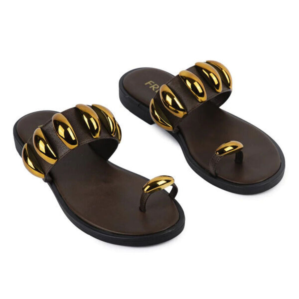 Brown Slide Sandals with Gold Accents
