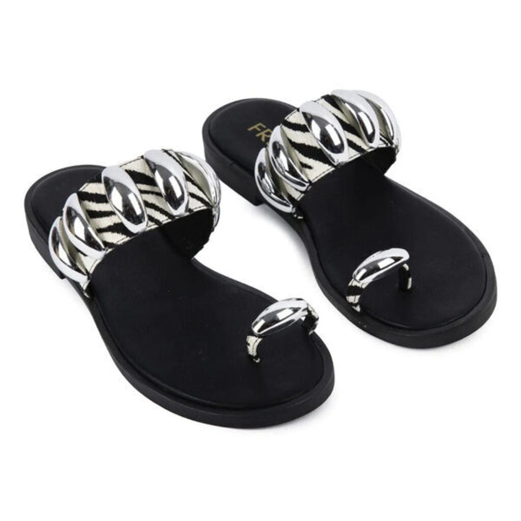 Black Zebra Print Slide Sandals with Metallic Accents
