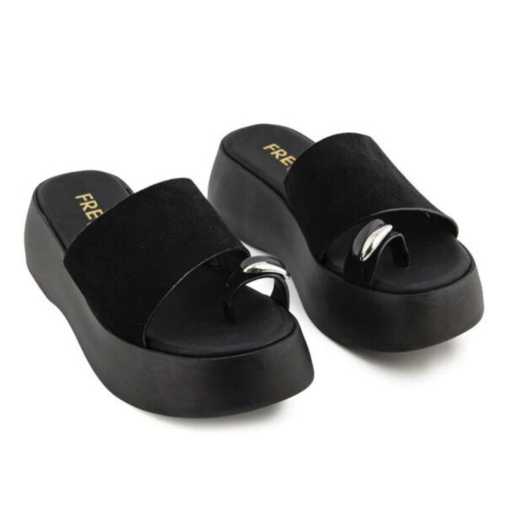 Black Platform Slip-On Sandals with Metallic Accents
