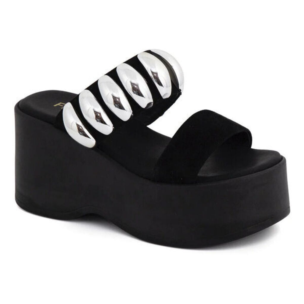 Black Platform Mules with Silver Accents