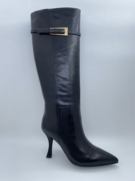 Black Leather Knee-High Boots with Gold Buckle Detail
