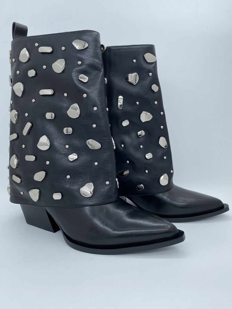 Black Embellished Leather Ankle Boots with Stud Accents