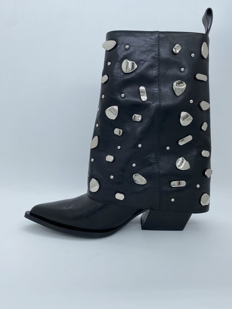 Black Embellished Leather Ankle Boots with Stud Accents
