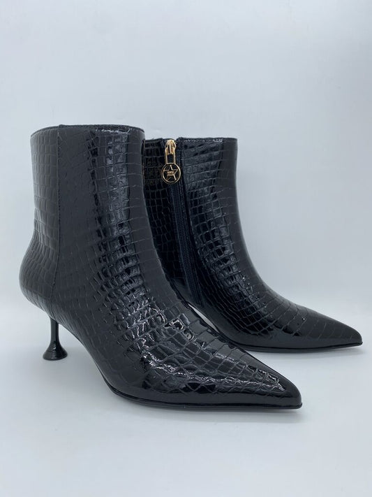 Black Embossed Ankle Boots with Kitten Heel