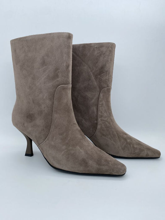 Taupe Suede Mid-Calf Boots with Kitten Heel