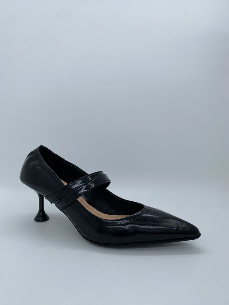 Black Patent Pointed Heels with Mary Jane Strap