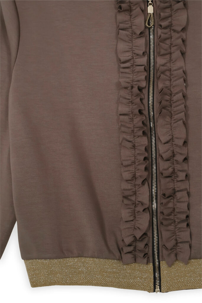 Brown Ruffled Bomber Jacket with Metallic Trim