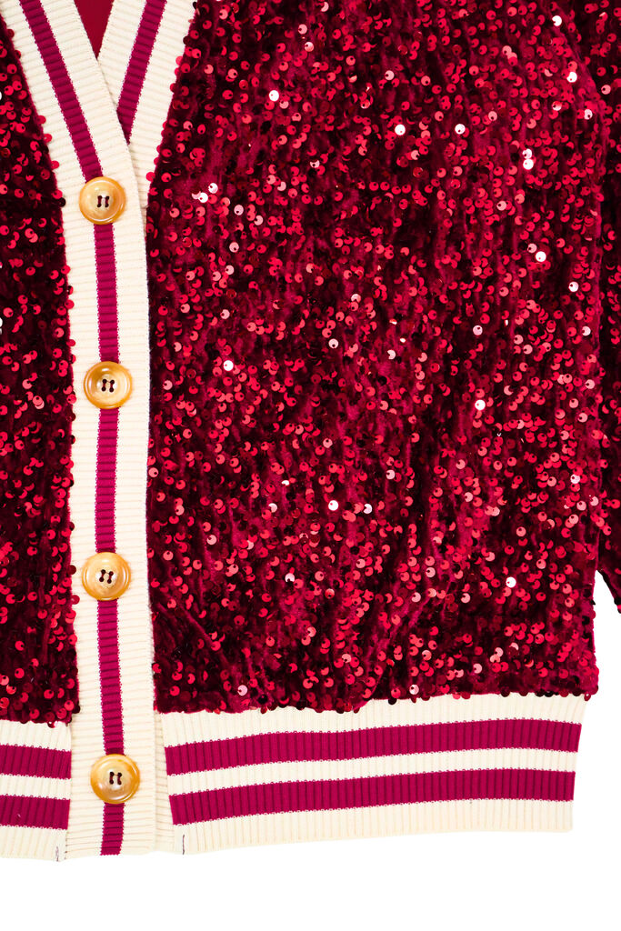 Red Sequin Cardigan with Striped Accents