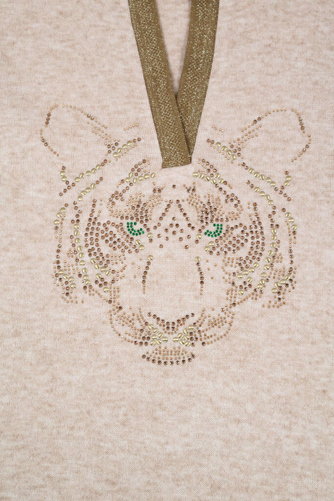 Beige Knit Long Sleeve Tunic with Embroidered Detail