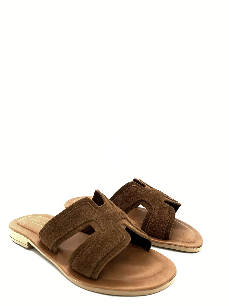 Brown Suede Slide Sandals with Cutout Detail