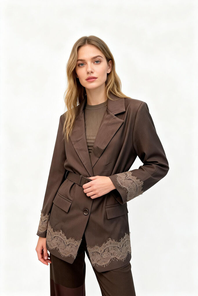 Chocolate Lace Accent Blazer with Belted Waist