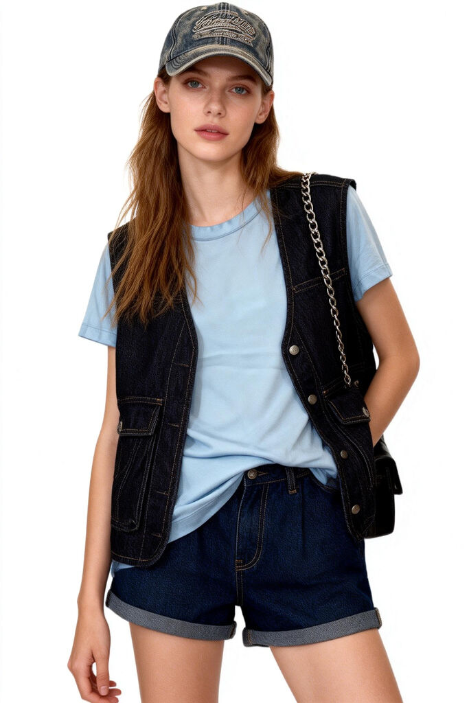 Blue Denim Vest with Chain Detail