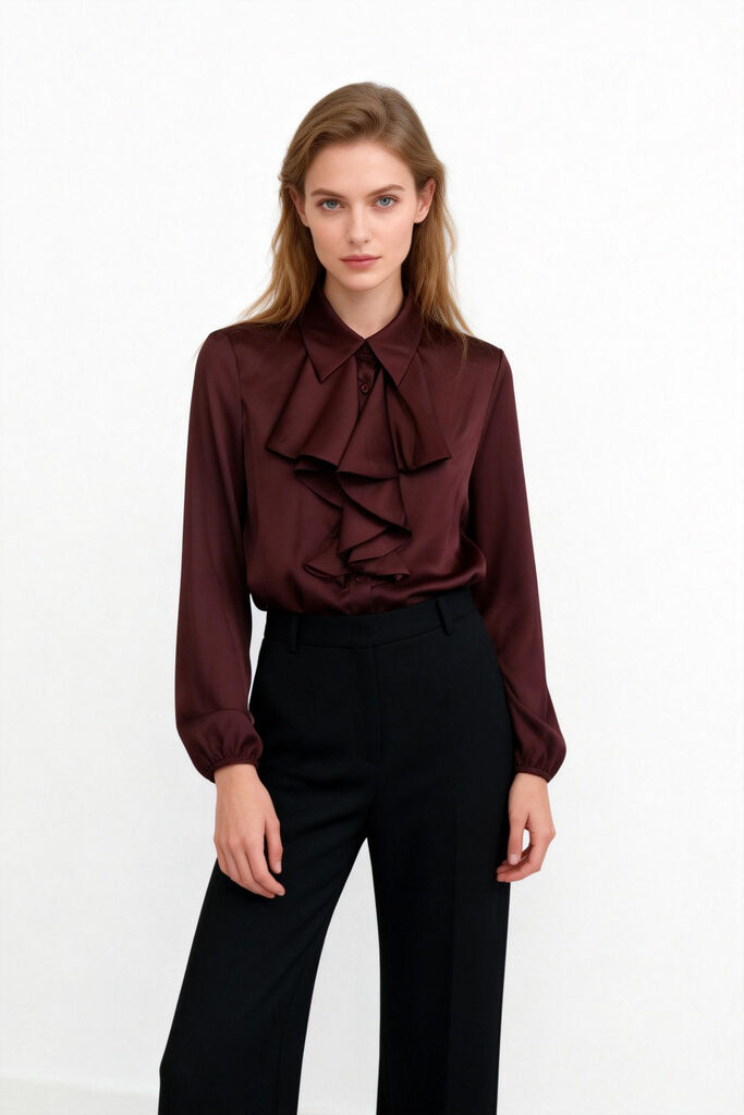 Rich Burgundy Satin Blouse with Pleated Front