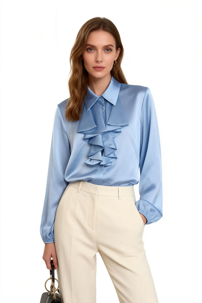 Light Blue Satin Blouse with Ruffled Front