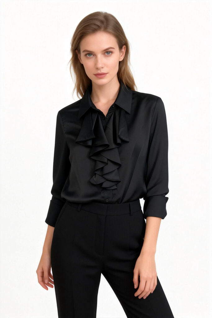 Black Satin Blouse with Ruffle Detail