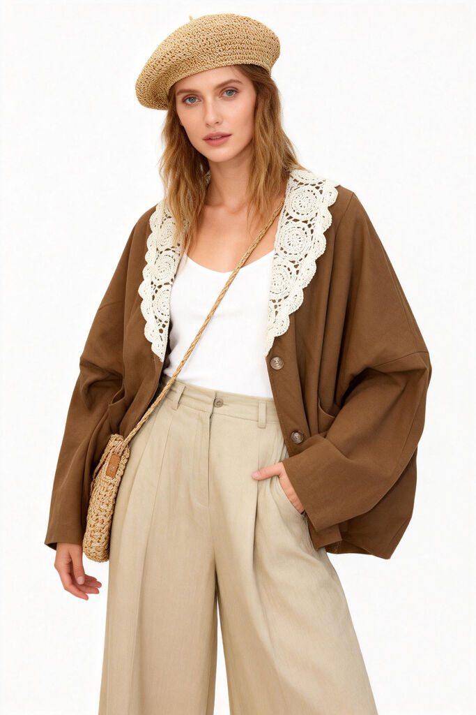 Brown Oversized Jacket with Crochet Collar