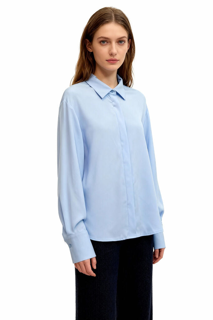 Light Blue Classic Button-Up Blouse with Long Sleeves