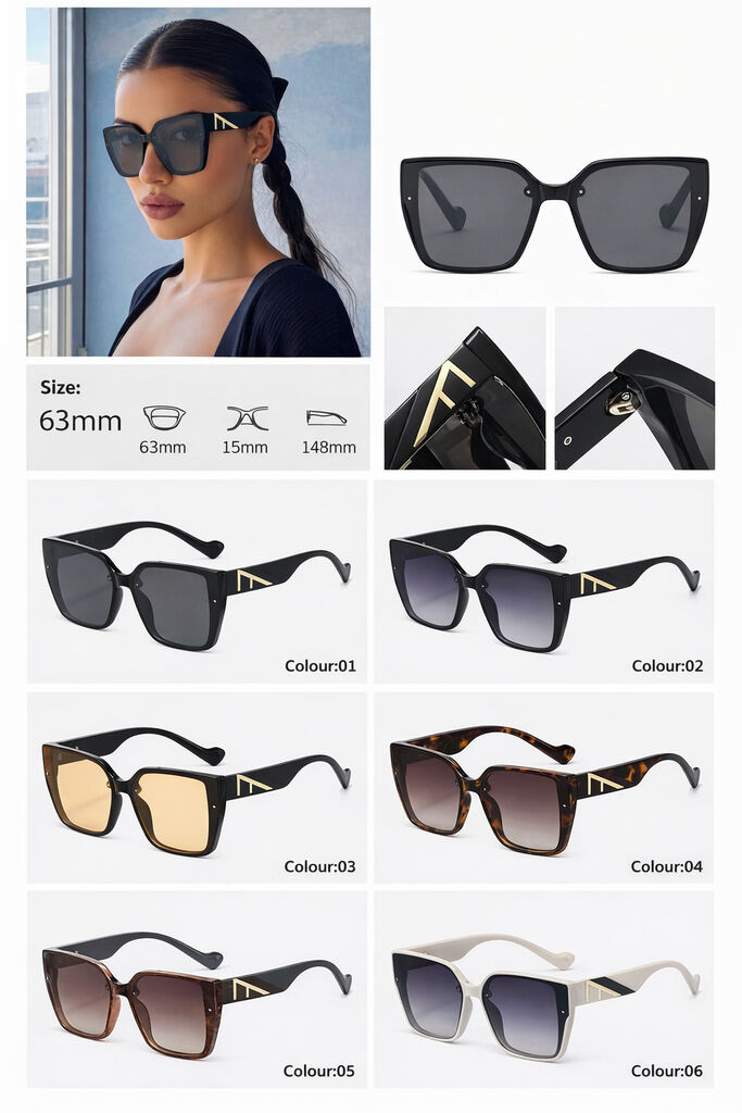 Black Glossy Oversized Sunglasses with Gold Accent