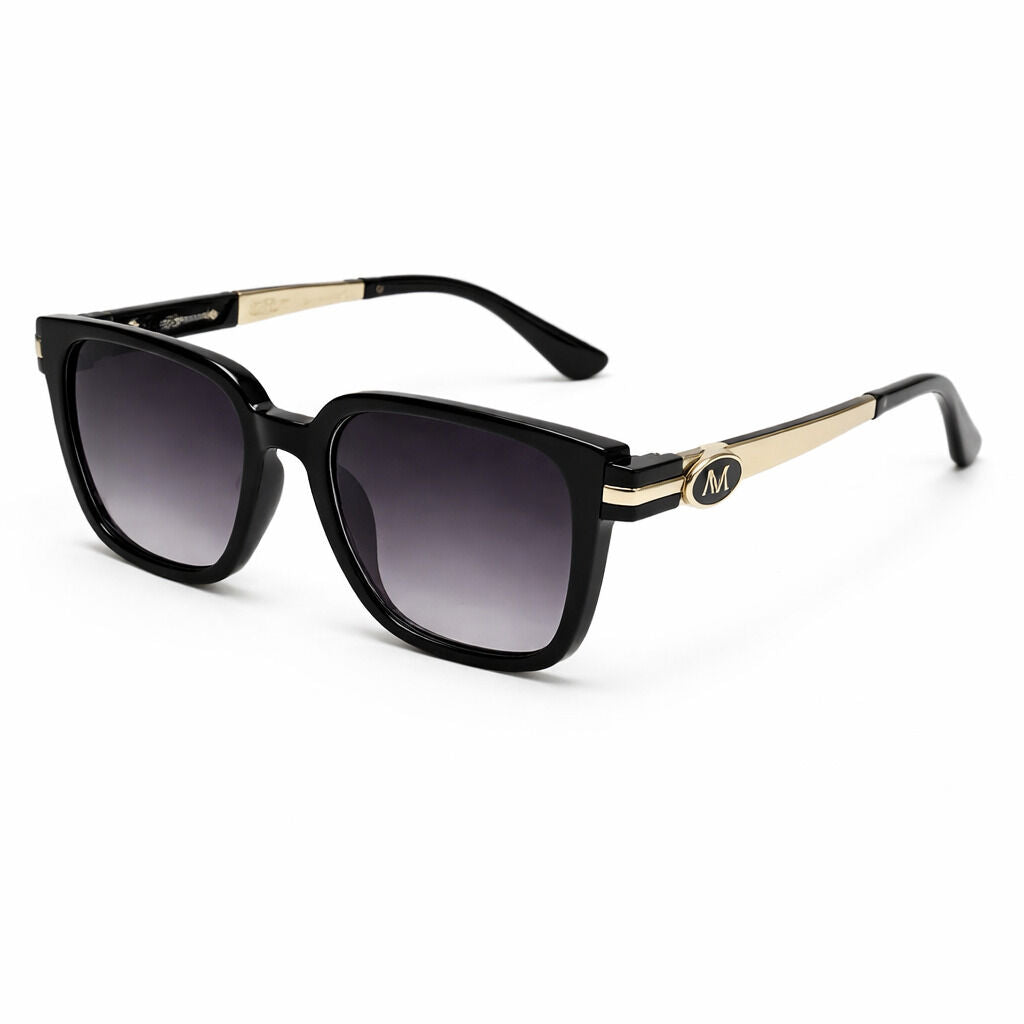 Black Glossy Square Sunglasses with Gold Accents