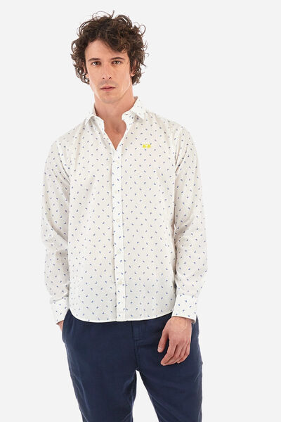 White Patterned Button-Up Shirt with Long Sleeves