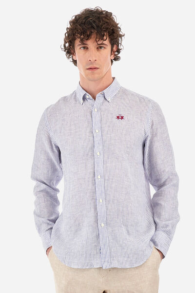 Blue Striped Button-Down Shirt with Embroidered Logo