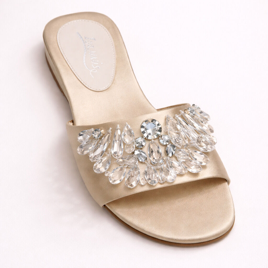 Champagne Satin Embellished Slide Sandal