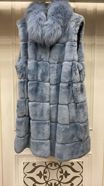 Blue Textured Fur Vest with Hood