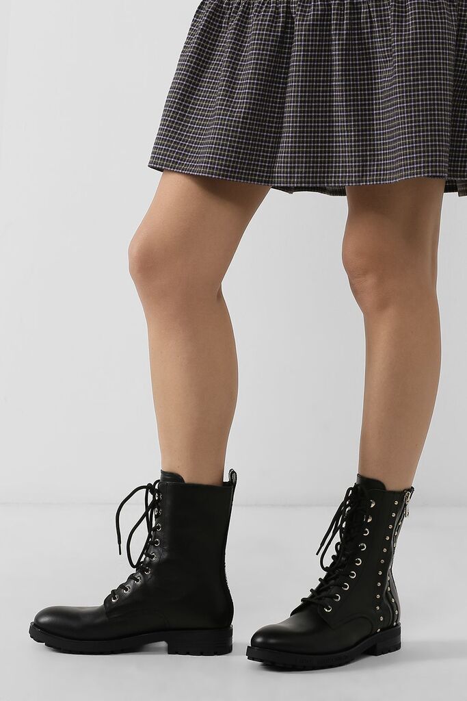 Black Studded Combat Boots with Lace-Up Closure