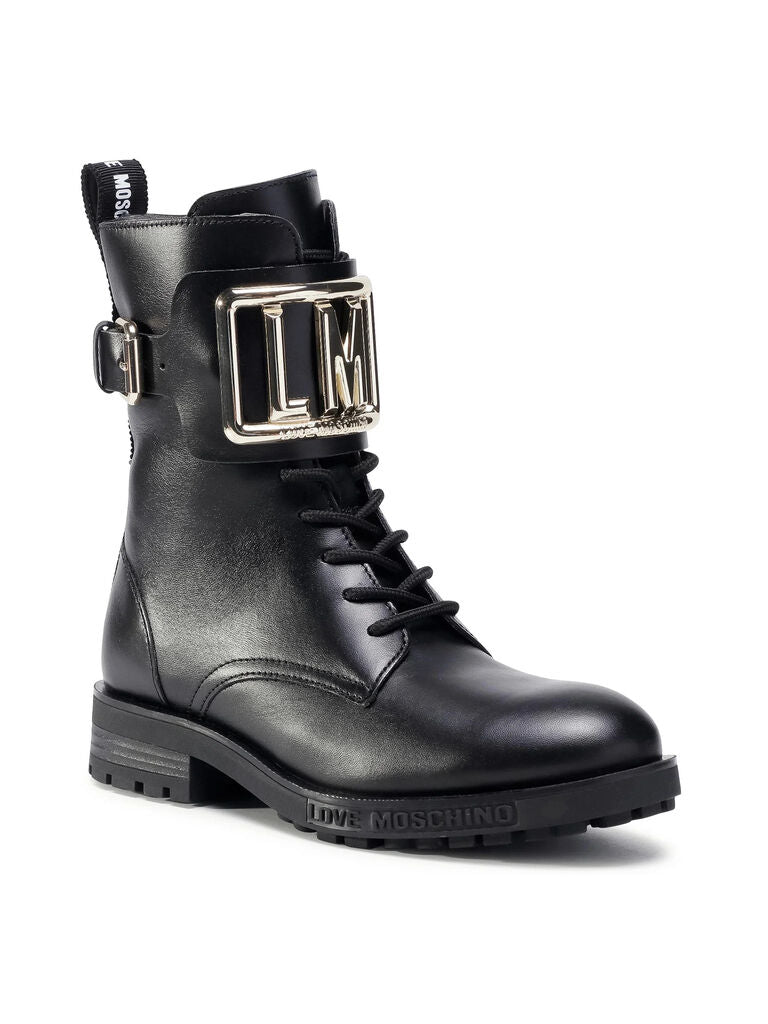 Black Leather Boot with Logo Buckle Accent