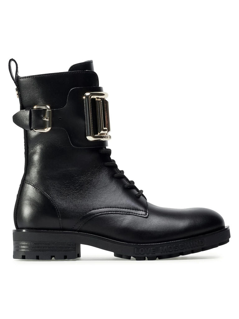 Black Leather Boot with Logo Buckle Accent