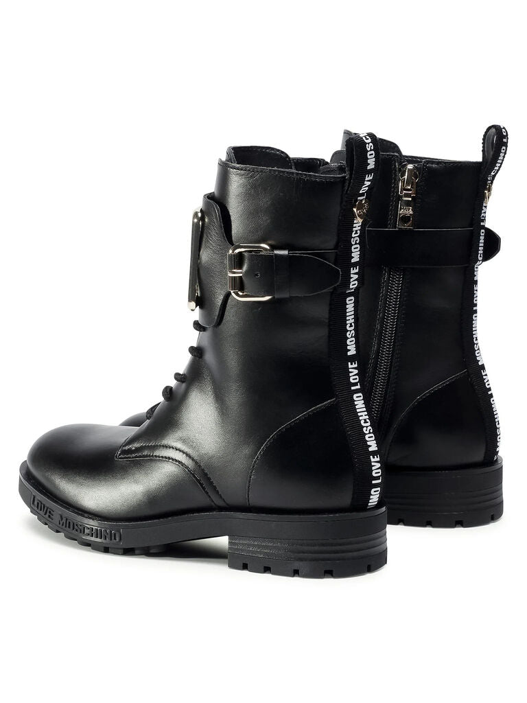 Black Leather Boot with Logo Buckle Accent