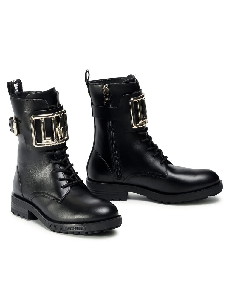 Black Leather Boot with Logo Buckle Accent