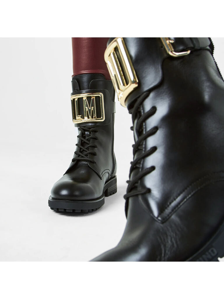 Black Leather Boot with Logo Buckle Accent