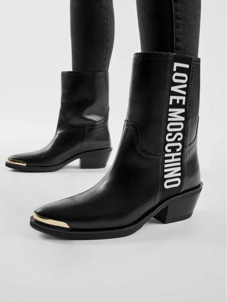 Black Leather Ankle Boots with Logo Detail