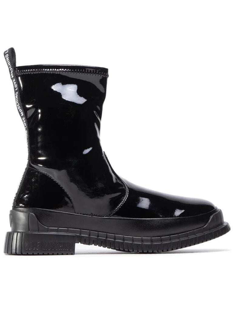 Black Patent Mid-Calf Boots with Chunky Sole