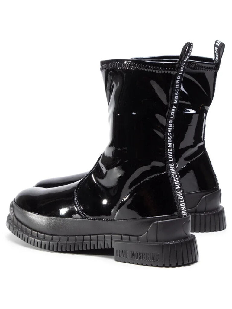 Black Patent Mid-Calf Boots with Chunky Sole