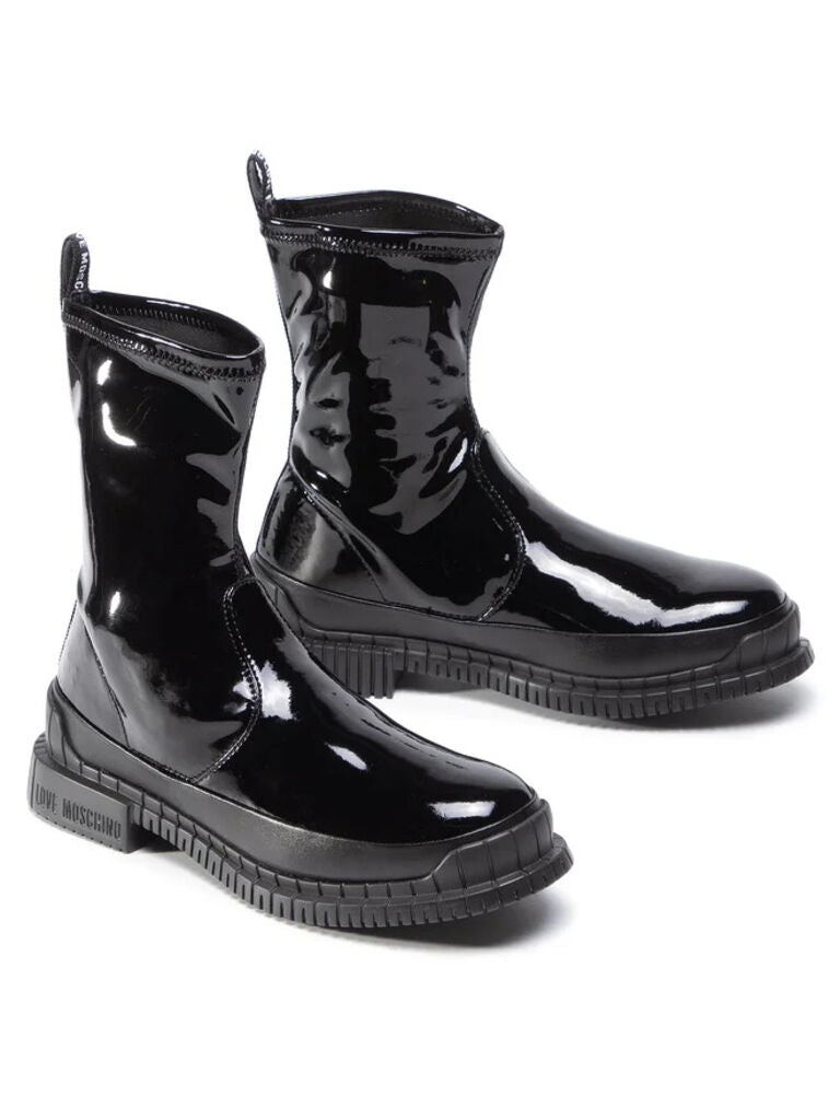 Black Patent Mid-Calf Boots with Chunky Sole