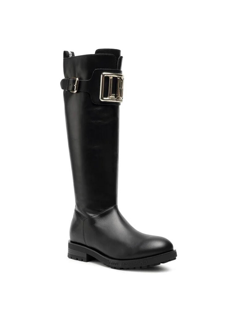 Black Leather Knee-High Boots with Metallic Buckle